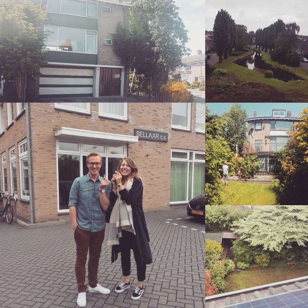A collage of a new neighborhood: houses along a canal, and a couple walking on the street.