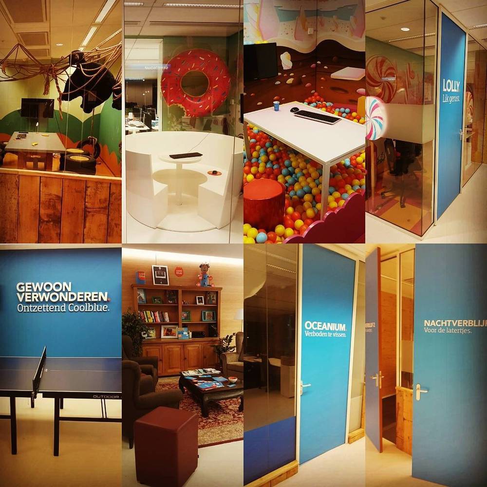 Collage of a playful office interior with a ball pit, table tennis, and colorful themed meeting rooms.