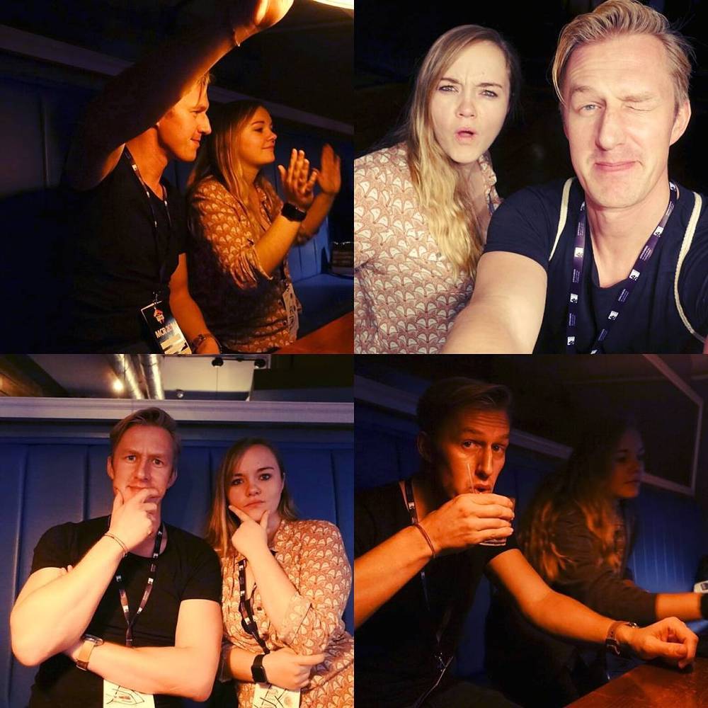 Collage of friends laughing and posing together at a bar.