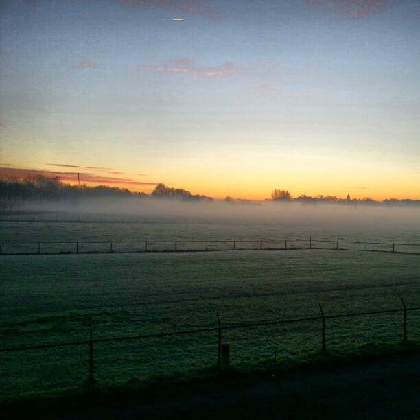 A misty sunrise over a fenced green field.