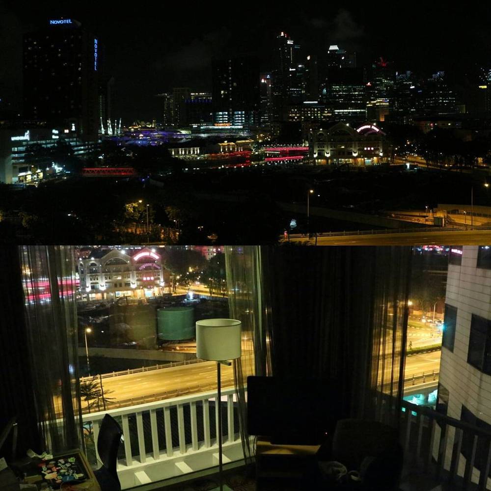 Collage of a city skyline at night viewed from a hotel window.