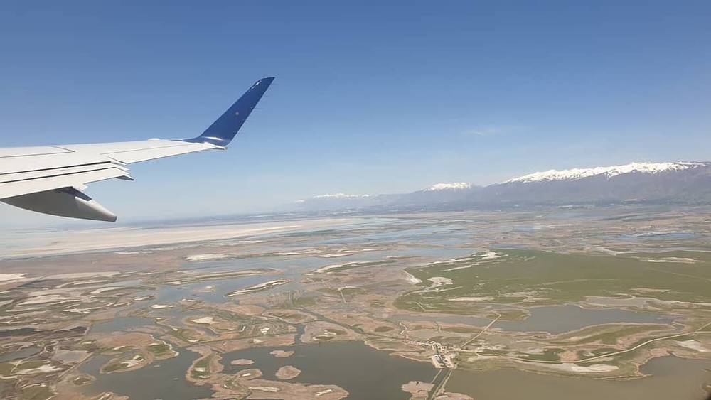 View from an airplane wing over marshland and wetlands below.