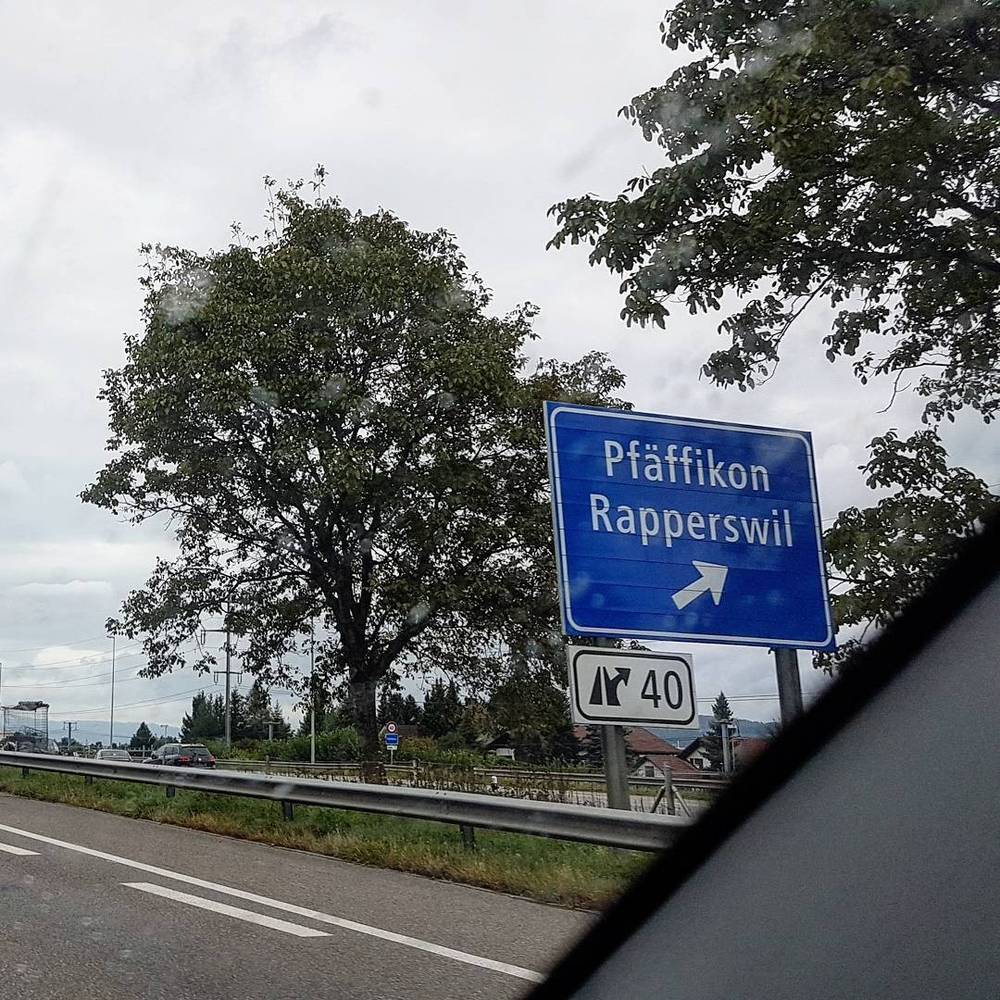 A blue German highway sign pointing toward Pfäffikon and Rapperswil along a tree-lined road.