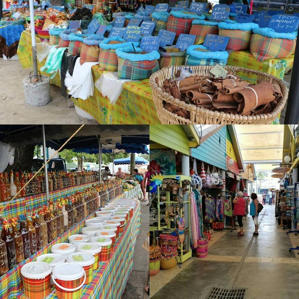 Collage of a colourful Caribbean market stall with baskets, spices, and bottled drinks.