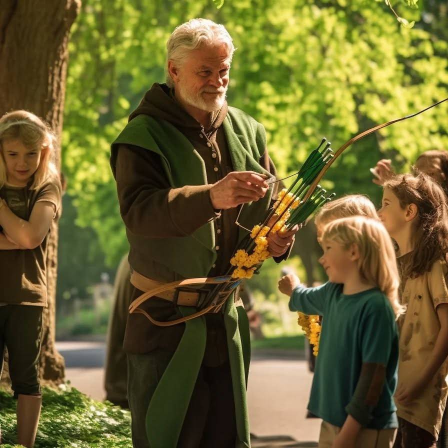 An illustrated scene of an elderly man in a green archer's costume handing arrows to children in a park.
