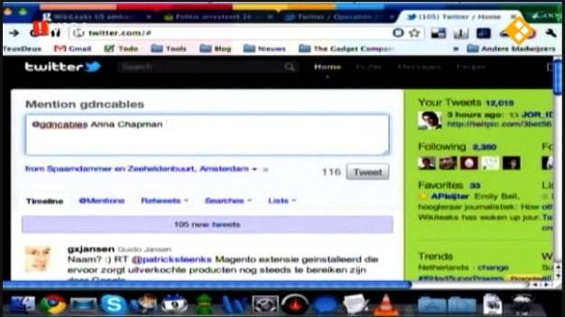 A laptop browser shows Twitter mentions referencing 'Anna Chapman' alongside the TV broadcast.
