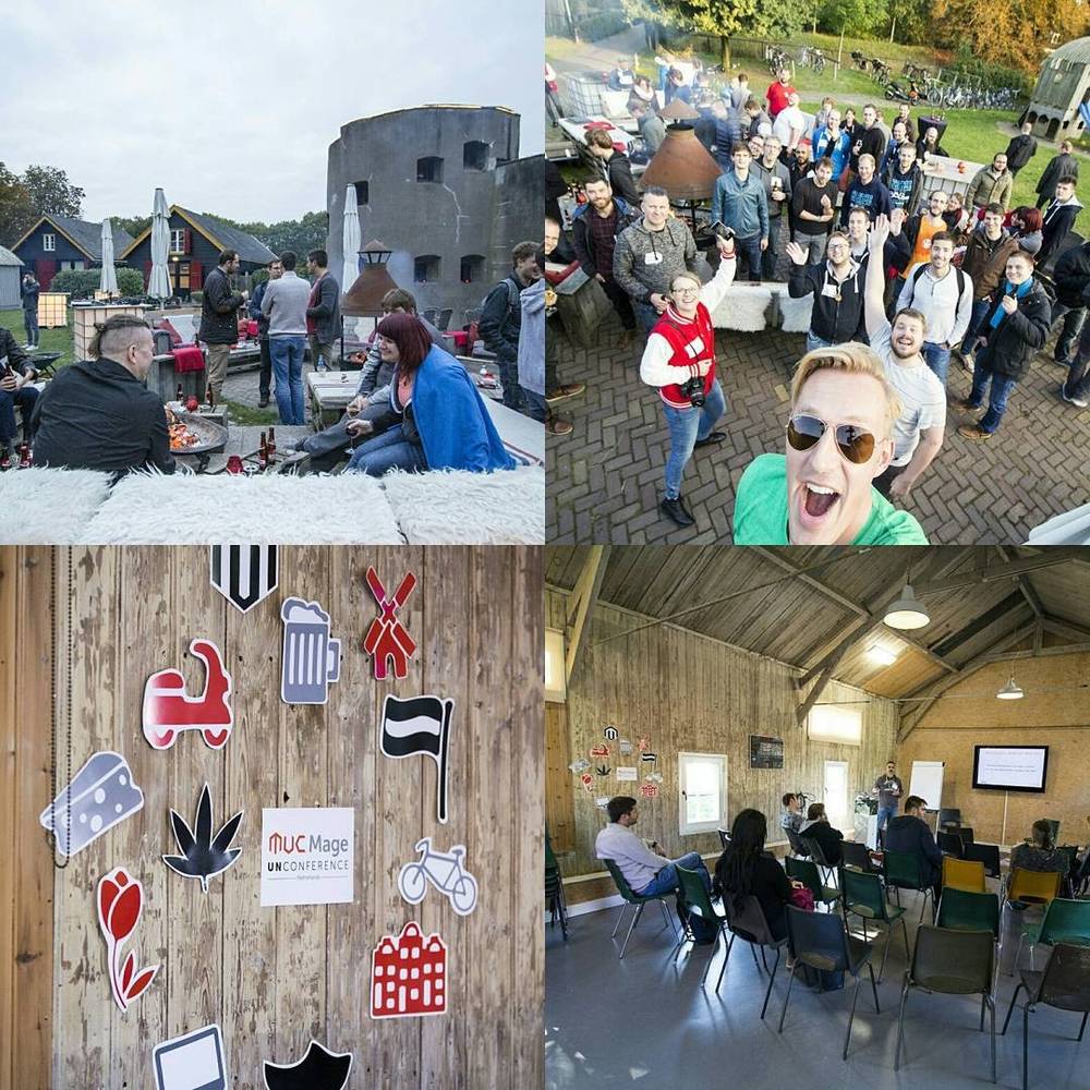 Collage of an outdoor community gathering, a group selfie, and Dutch-themed stickers on a wooden wall.