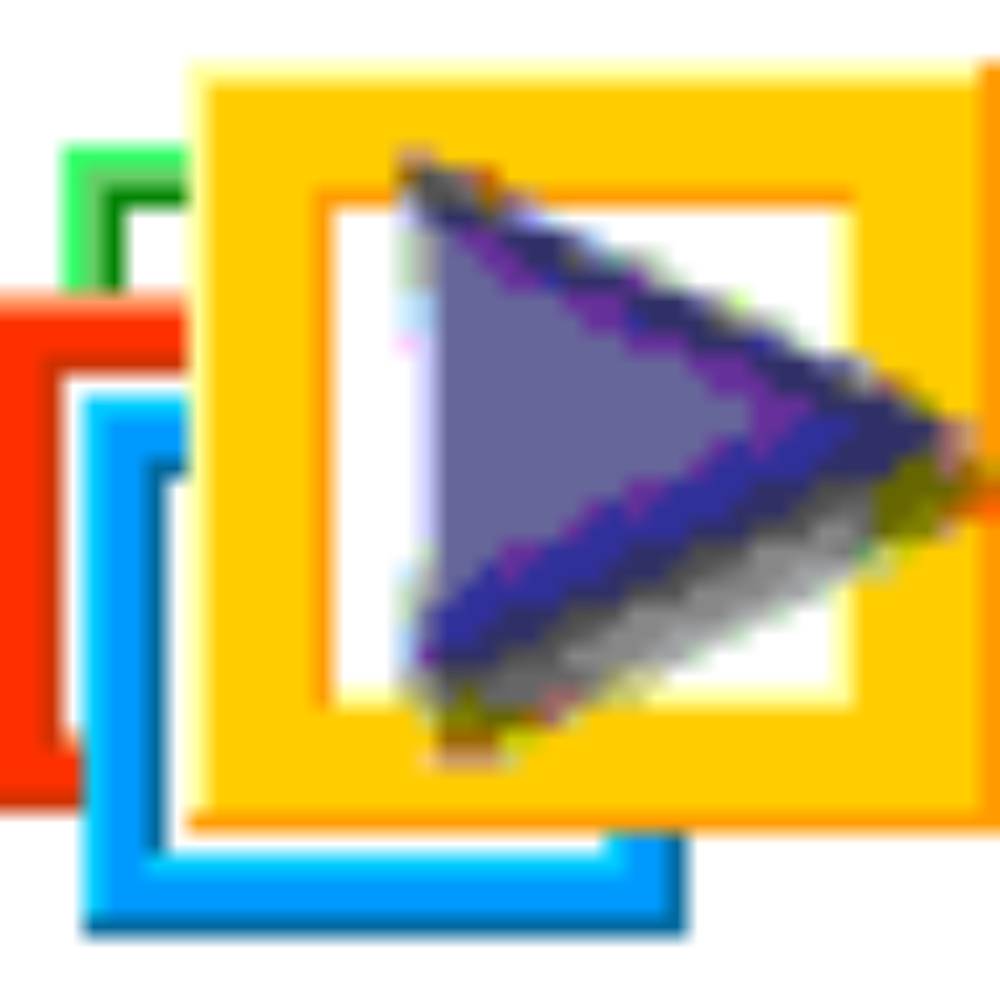 Windows 98 low-resolution pixel art icon for Windows Media Player depicting colorful, overlapping squares with a play button inside.