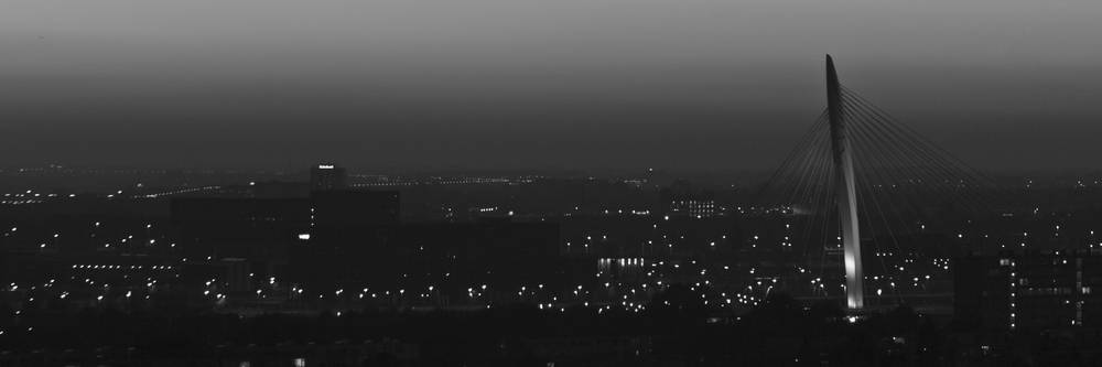 A cable-stayed bridge is silhouetted against the night sky over a dark skyline.