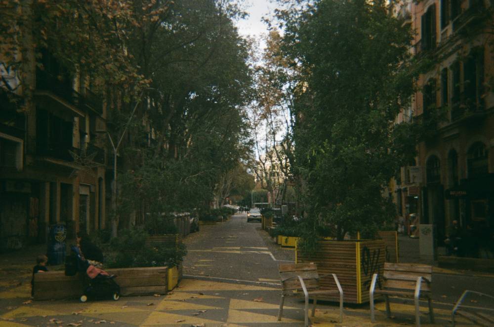 Foto horitzontal d'un carrer peatonal de Barcelona, emmarcat a banda i banda amb fileres d'arbres. A la dreta, es veuen tres bancs idnividuals buits. A l'esquerra, una dona està aseguda a un banc ample sense respatller, amb un cotxet davant, i inclinada cap al seu fill, que es troba de peu a un costat del banc