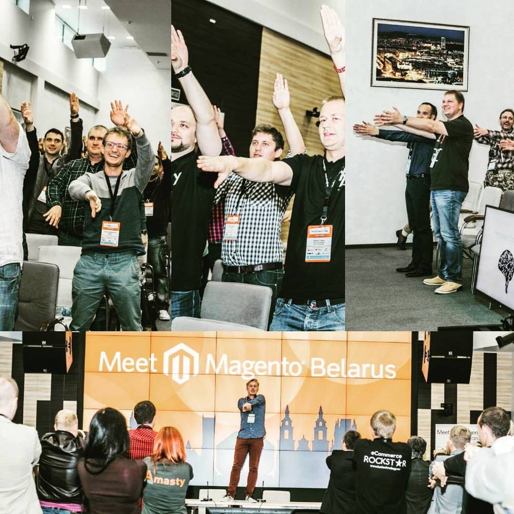 A collage of conference attendees stretching with arms raised, and a speaker on stage at Meet Magento Belarus.
