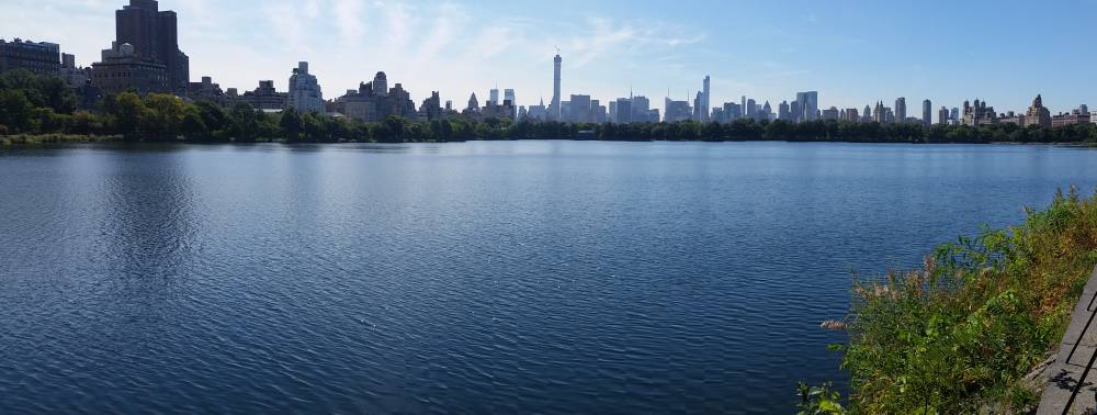The Central Park reservoir reflects the Manhattan skyline on a clear day.