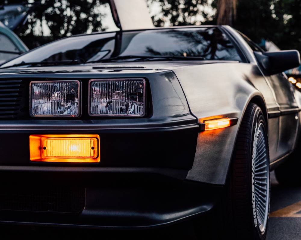 DeLorean front left headlight from a lower angle