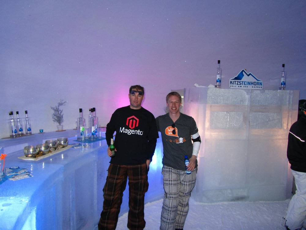 Guido and a colleague pose for a photo inside a bar built entirely of ice.