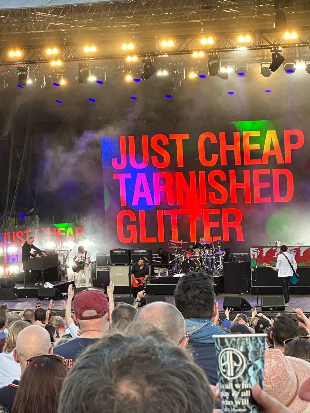 Manics at Ally Pally. Background text: Just Cheap Tarnished Glitter