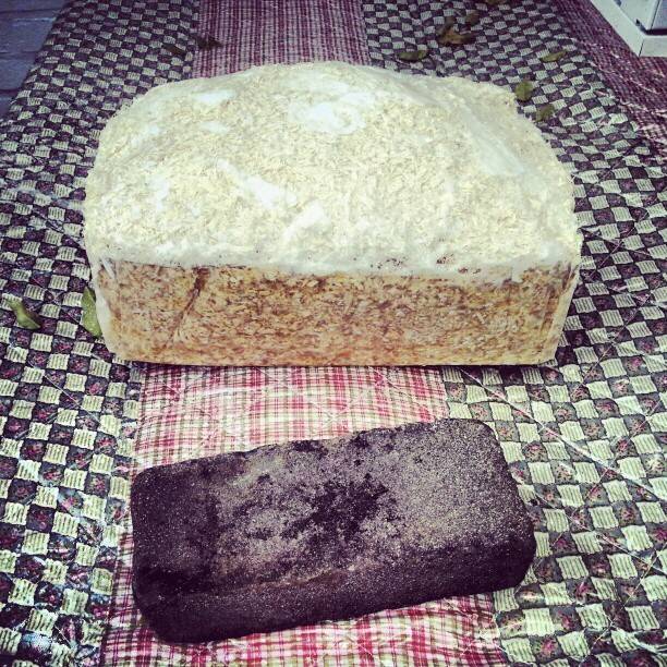 Two homemade loaves of bread, one white and one dark, resting on a checkered cloth.