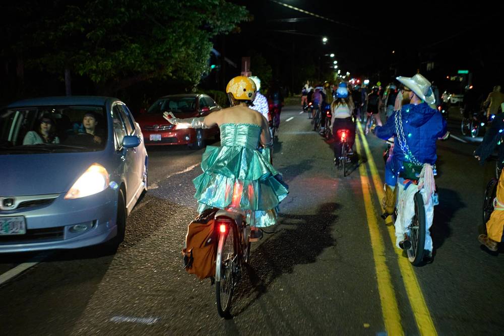 Costumed Cyclists Navigate Portland's Pedalpalooza Night