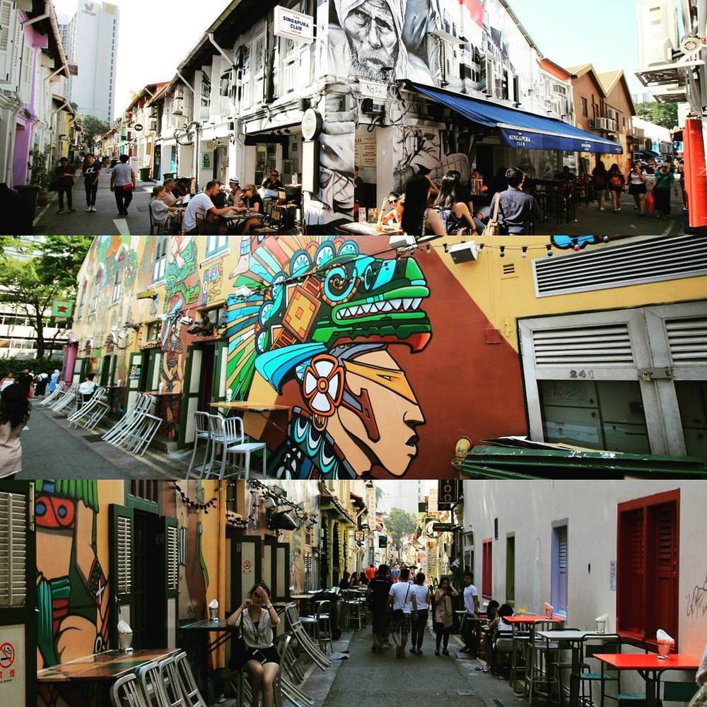 Collage of a colourful street lined with murals, cafes, and outdoor seating.