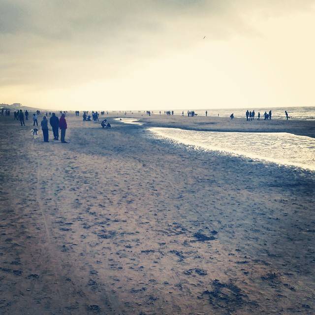 People walking along a wide sandy beach with the tide out.