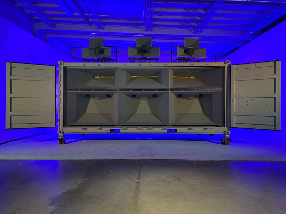 A large sound system backlit in blue