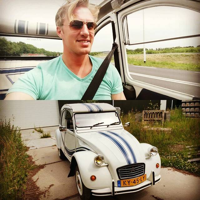 A collage: a man wearing sunglasses seated in a convertible car, and a white vintage Citroën 2CV parked outdoors.