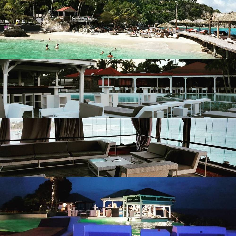 Collage of a resort pool, lounge deck, and evening bar area by the beach.