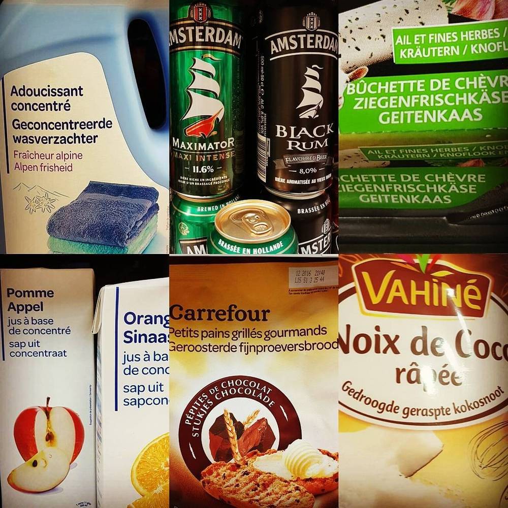 Collage of French grocery products including rum, fabric softener, and coconut flakes.