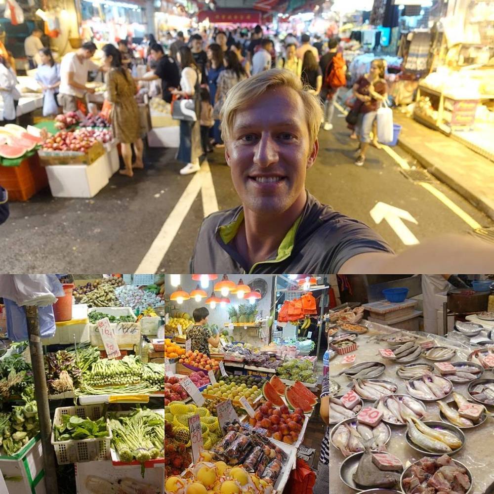 A collage of a busy Hong Kong street market: a man buying fruit, and stalls of vegetables and fresh fish.