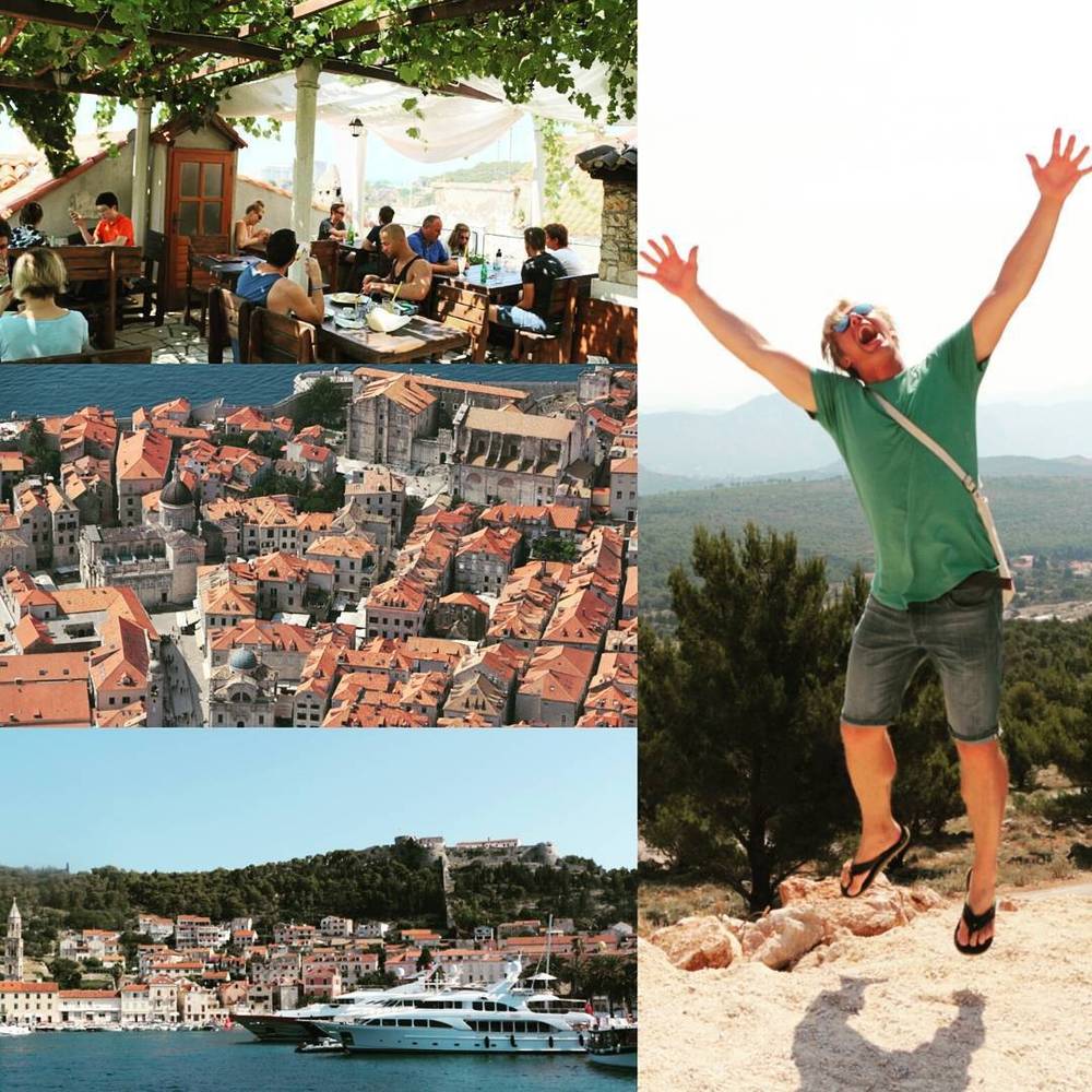A collage: a rooftop café, aerial views of a coastal town, and a man in a green shirt jumping joyfully on rocks by the water.