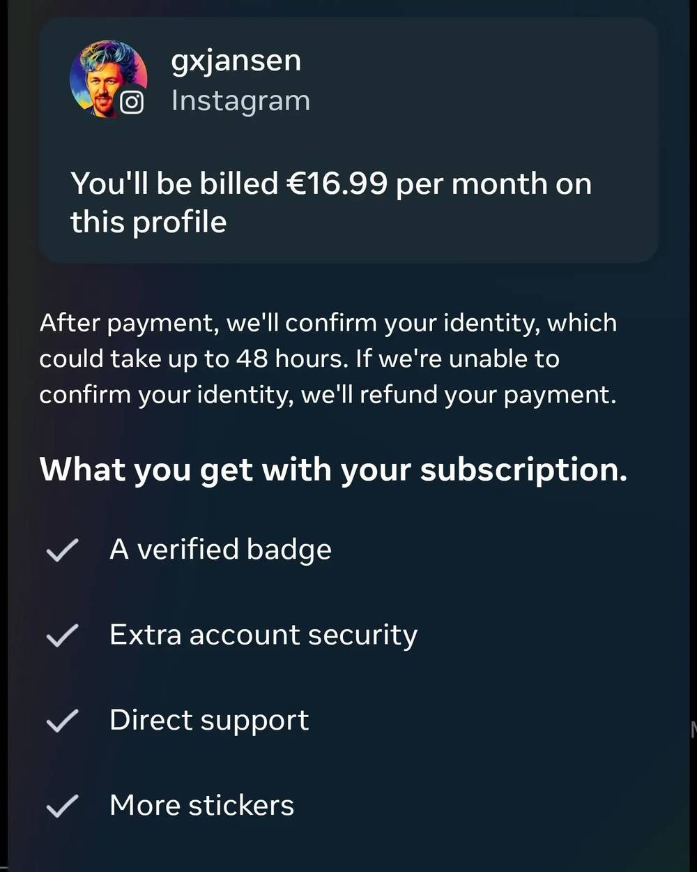A screenshot of an Instagram subscription payment prompt listing verified badge and account perks.
