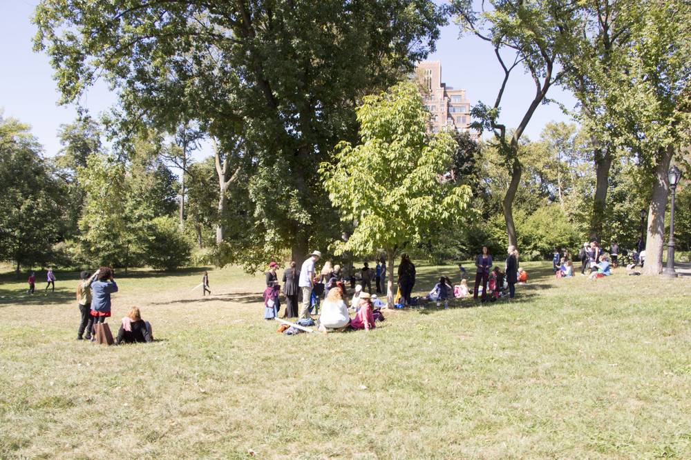 Families gather and relax on a grassy Central Park lawn.