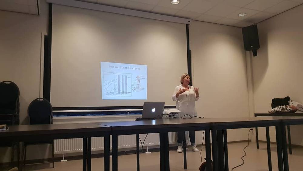 A woman presenting a slide in a conference room to a seated audience.