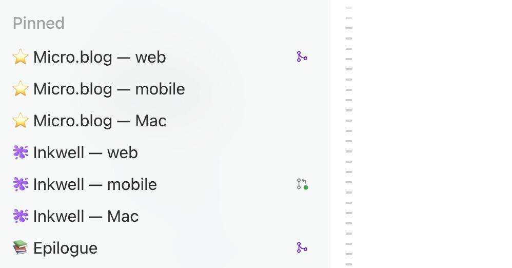Screenshot showing pinned items includes Micro.blog and Inkwell platforms for web, mobile, and Mac, along with Epilogue.