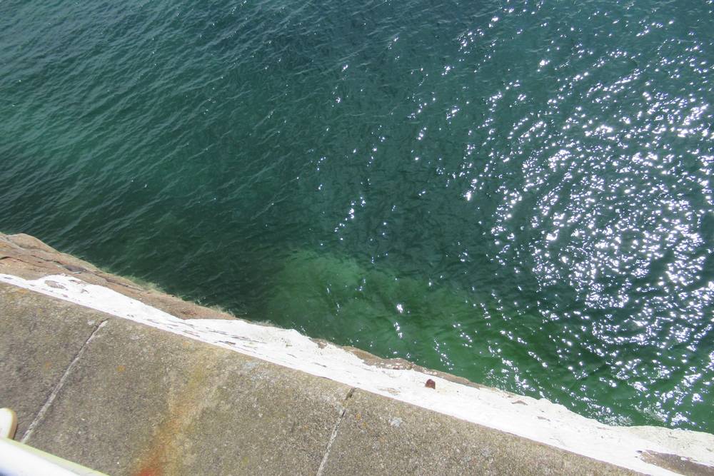 An elevated view looking down at a stone harbour wall with a white painted edge. Below, the teal sea ripples with bright sunlight reflecting off the surface, creating a shimmering effect. Submerged rocks are visible through the clearer, shallower water near the wall.