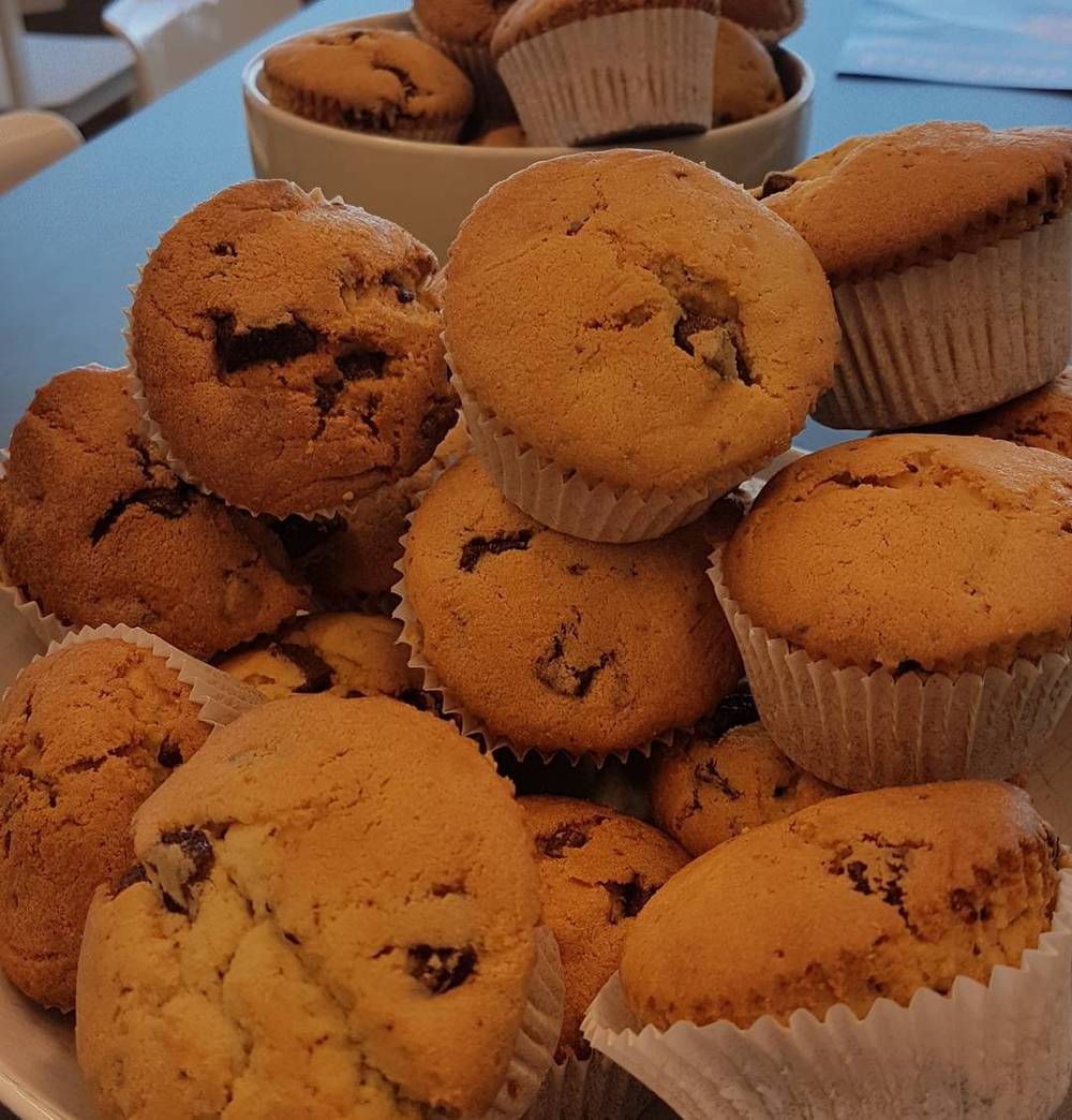 A pile of chocolate chip muffins in a bowl.