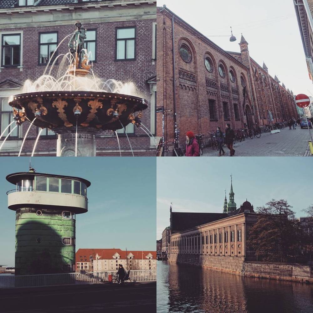 Collage of a fountain, historic warehouse buildings, a round tower, and a canal in Copenhagen.