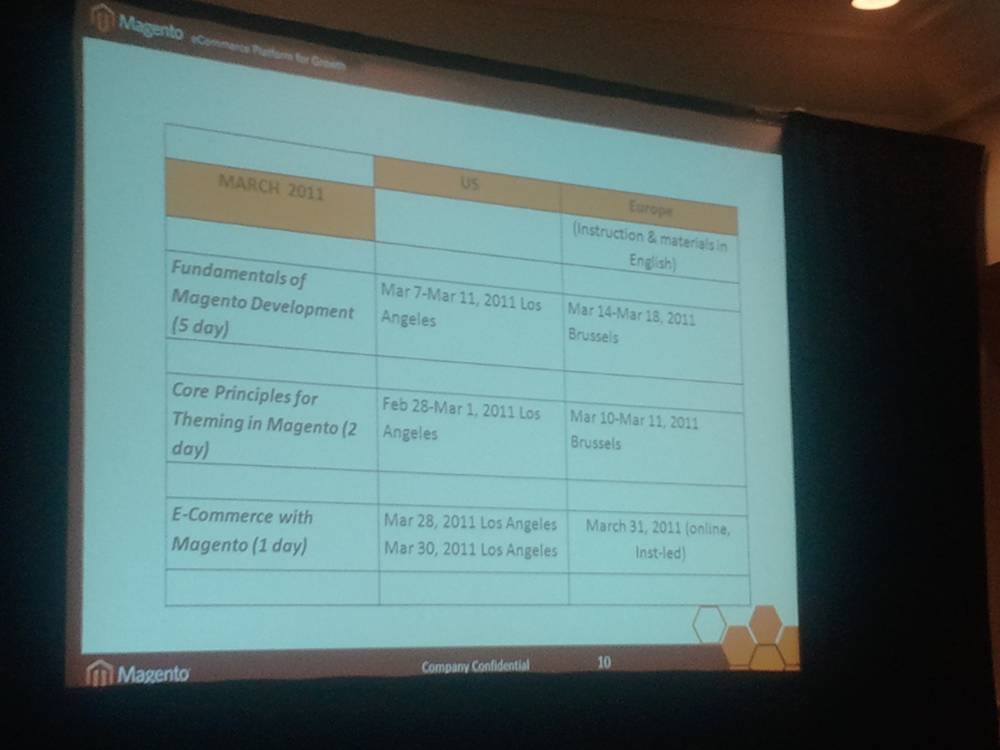 A conference slide displays a training schedule table for March 2011 in the US and Europe.