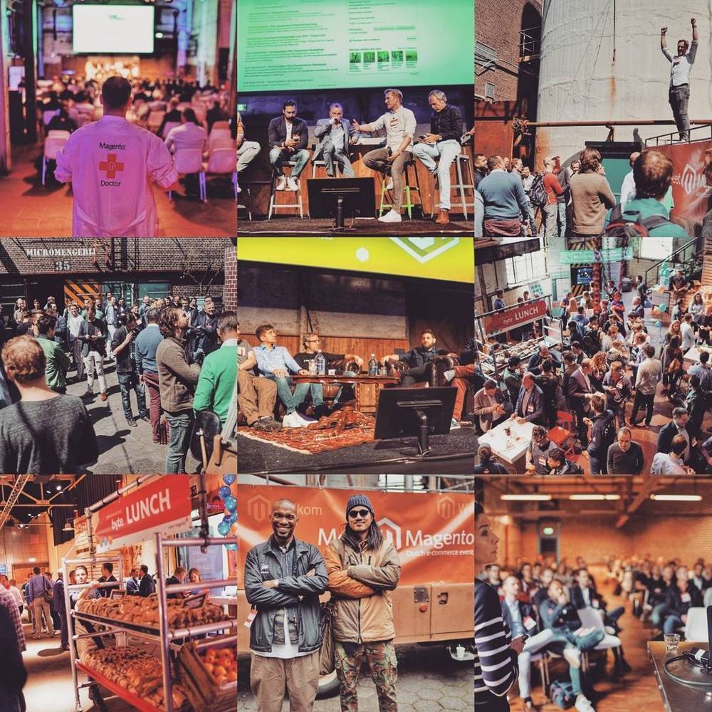 Collage of a busy Magento conference event with speakers, panels, food stalls, and crowds.