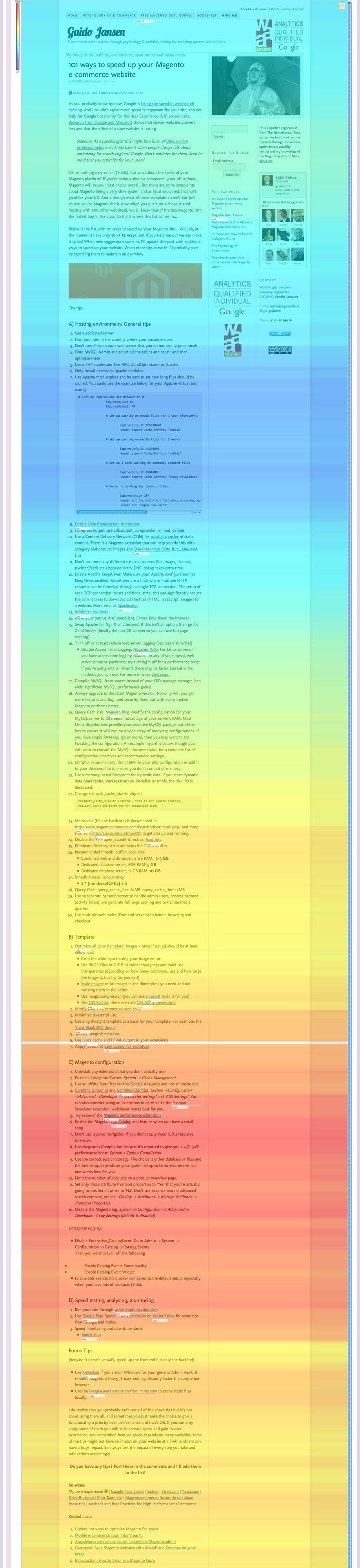 A rainbow-colored heatmap shows visitor attention data across a webpage.