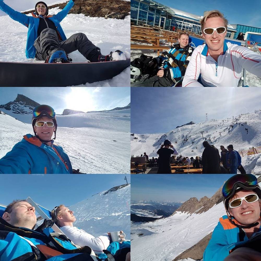 Collage of a snowboarder in action and friends relaxing and posing on a sunny mountain.