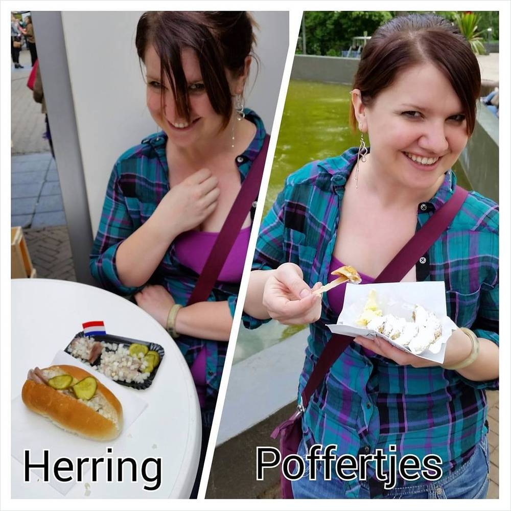 Collage of a woman eating Dutch herring and poffertjes pancakes.