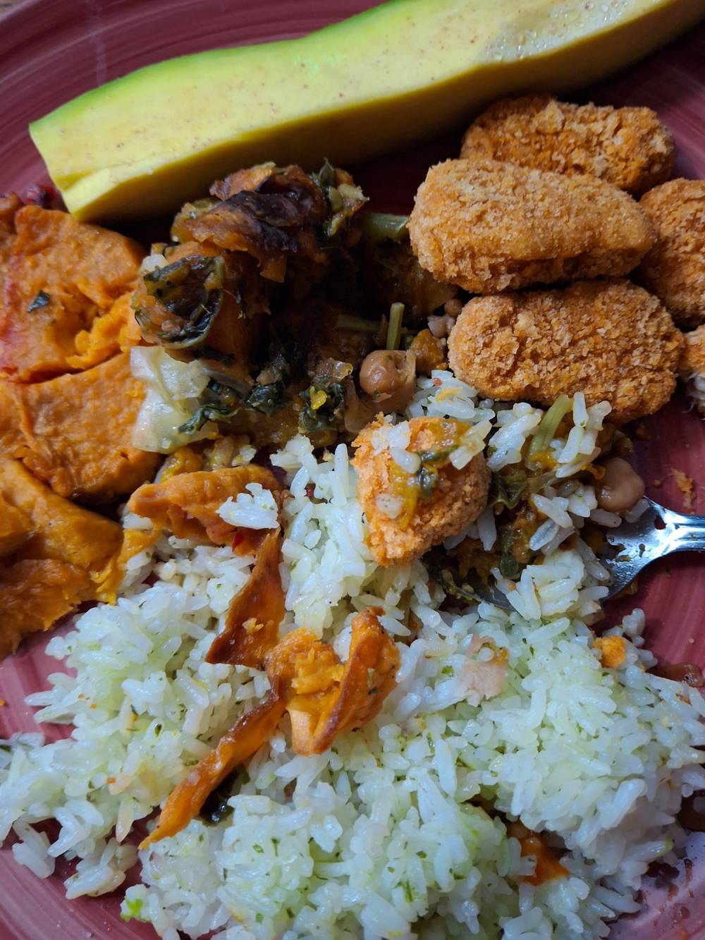 Avocado, Seitan Nuggets, Basmati Rice + Sweet Potato VEGAN goodness. no death in my food. 