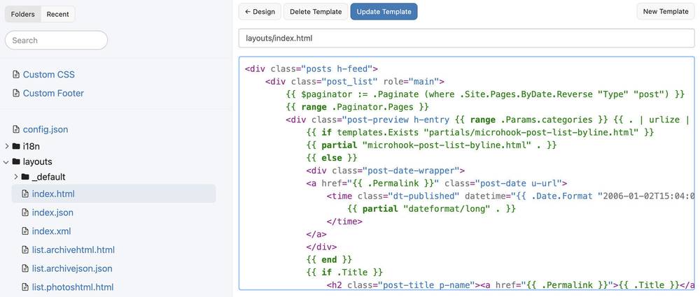 Screenshot of web text editor showing Hugo and HTML tags, with sidebar of hierarchical file list on the left.