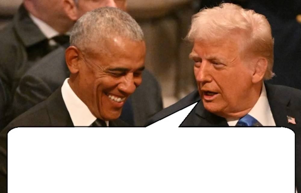 Barack Obama laughing while Donal Trump is talking to him