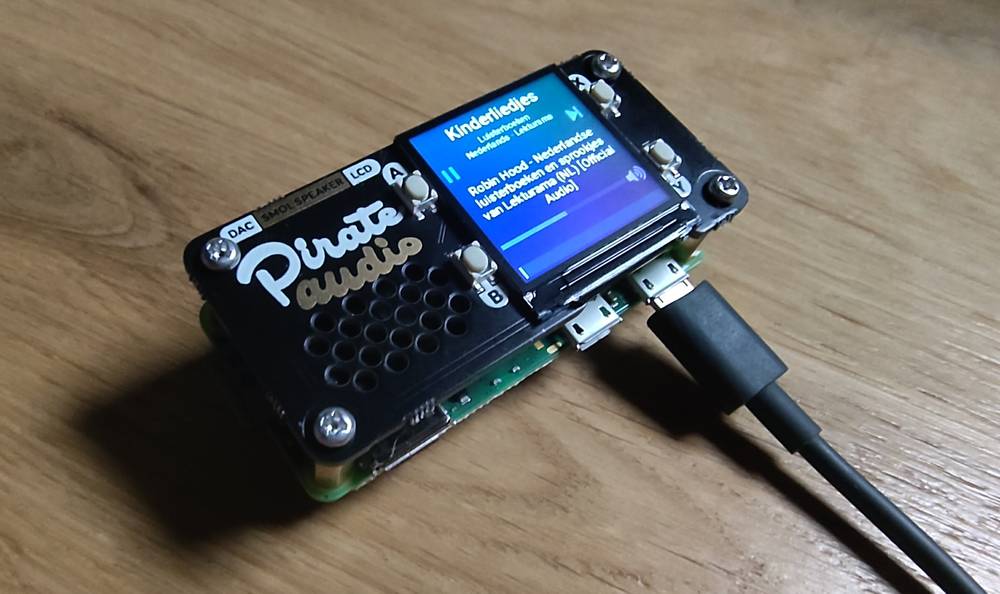 Top view of a raspberry pi zero with the Pirate audio hat mounted on top