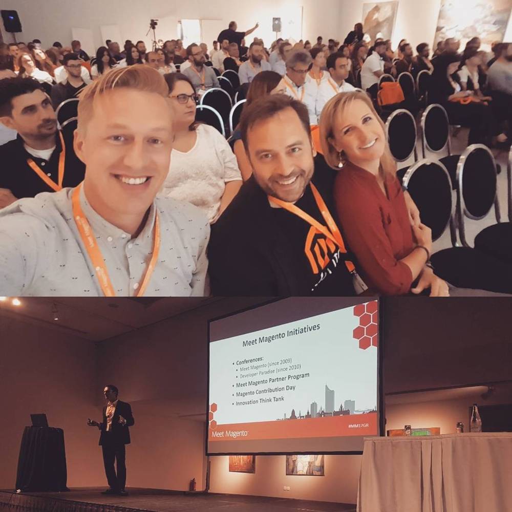 A collage of a conference: a selfie with two colleagues, and a man presenting a "Meet Magento Initiatives" slide on stage.