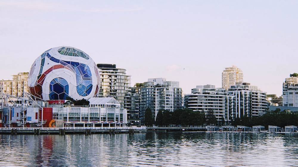 A photo of Science World turned into a FIFA World Cup match ball in Vancouver, BC