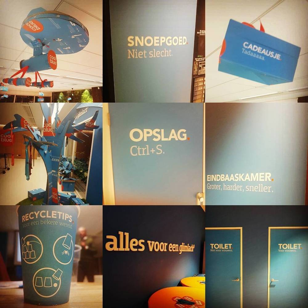 Collage of playful Dutch office wall signage including "Snoepgoed," "Cadeautje," "Opslag," and "Toilet" labels.