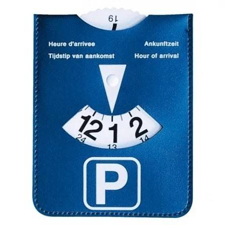 A blue parking disc with a dial for showing arrival time, used for street parking.