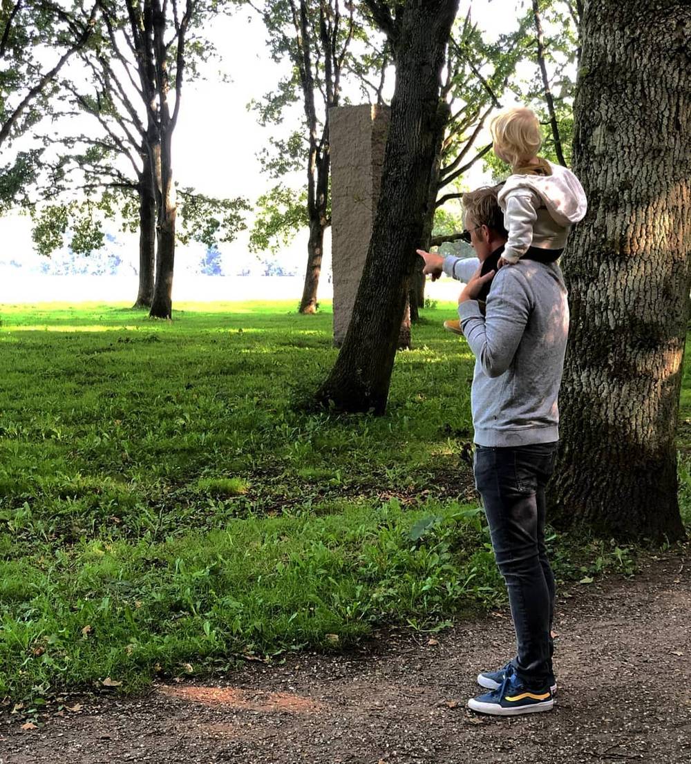 A man carries a child on his shoulders through a park, both pointing toward something among the trees.